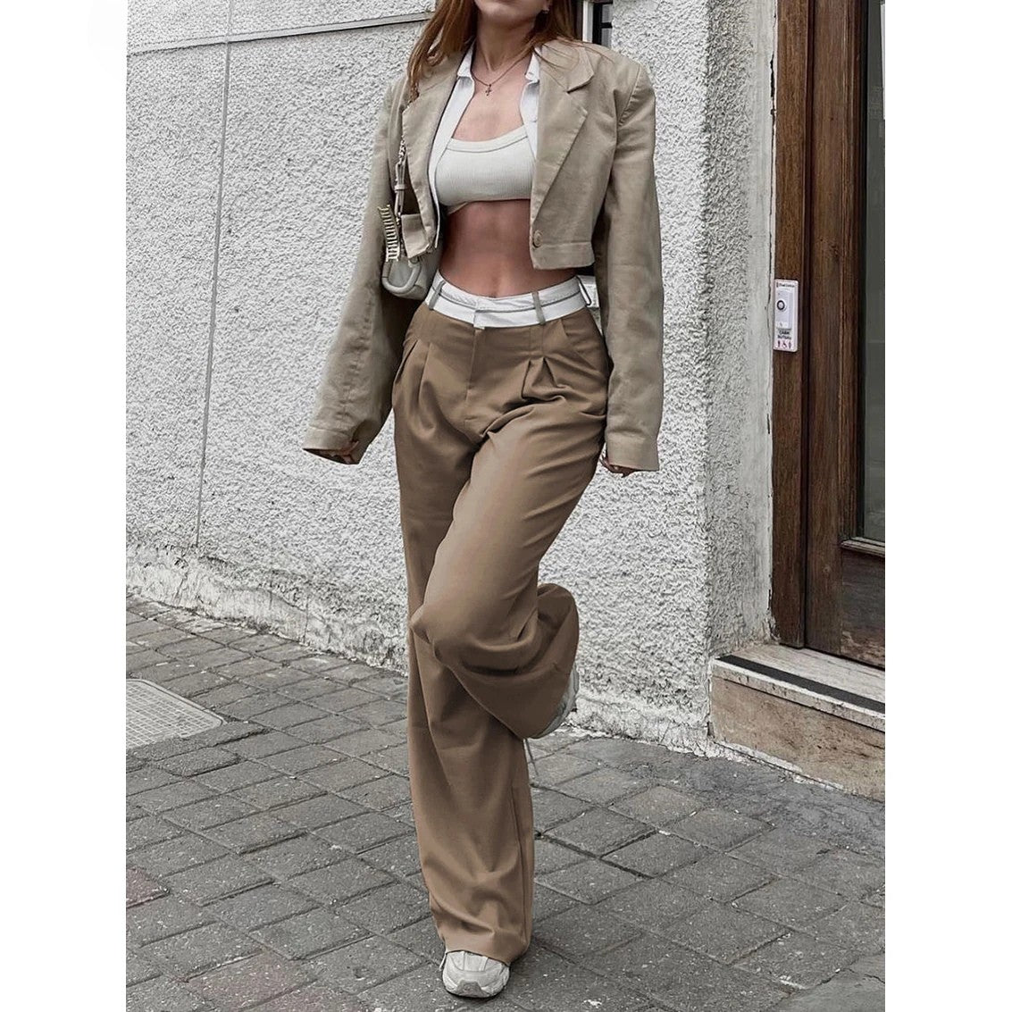 Hoge taille kantoorbroek kleur kaki