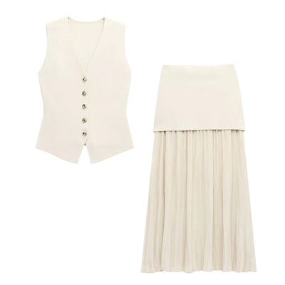 Modern Minimalistisch Set – Gebreid Vest & Gevouwen Zoomrok