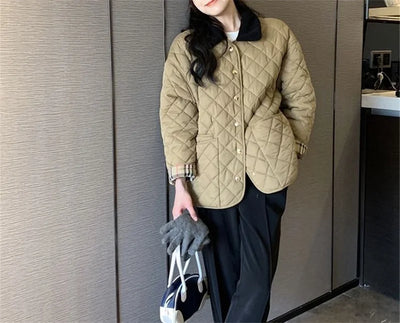 Autumn Winter Puffer Coats 2025 Women's Straight Loose Diamond Cotton Coat Long Sleeve Tops Fashion Pocket Cotton-Padded Jacket