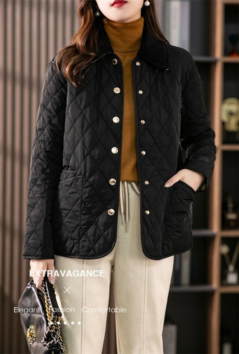 Autumn Winter Puffer Coats 2025 Women's Straight Loose Diamond Cotton Coat Long Sleeve Tops Fashion Pocket Cotton-Padded Jacket