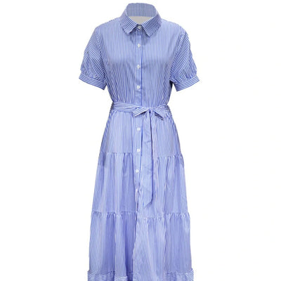 Trendy Gestreepte Maxi-jurk – Korte Mouwen Statement
