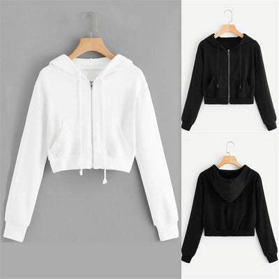Sweatshirt met Capuchon en Rits vooraanzicht – wit (links) en zwart (rechts), voor- en achteraanzicht
