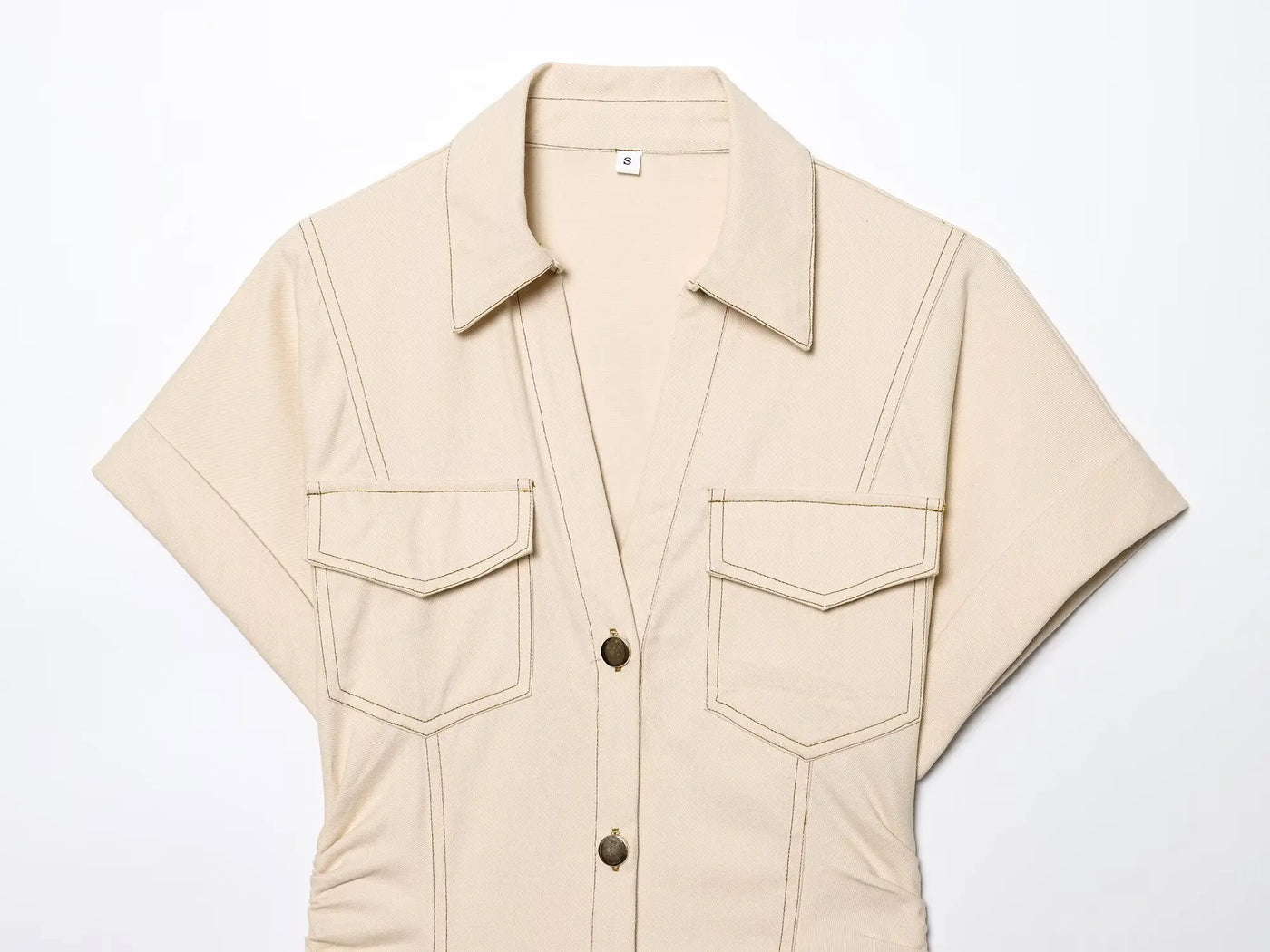 Moderne Jurk met Uitstraling – Geplooide Taille, V-Hals, Midi Lengte