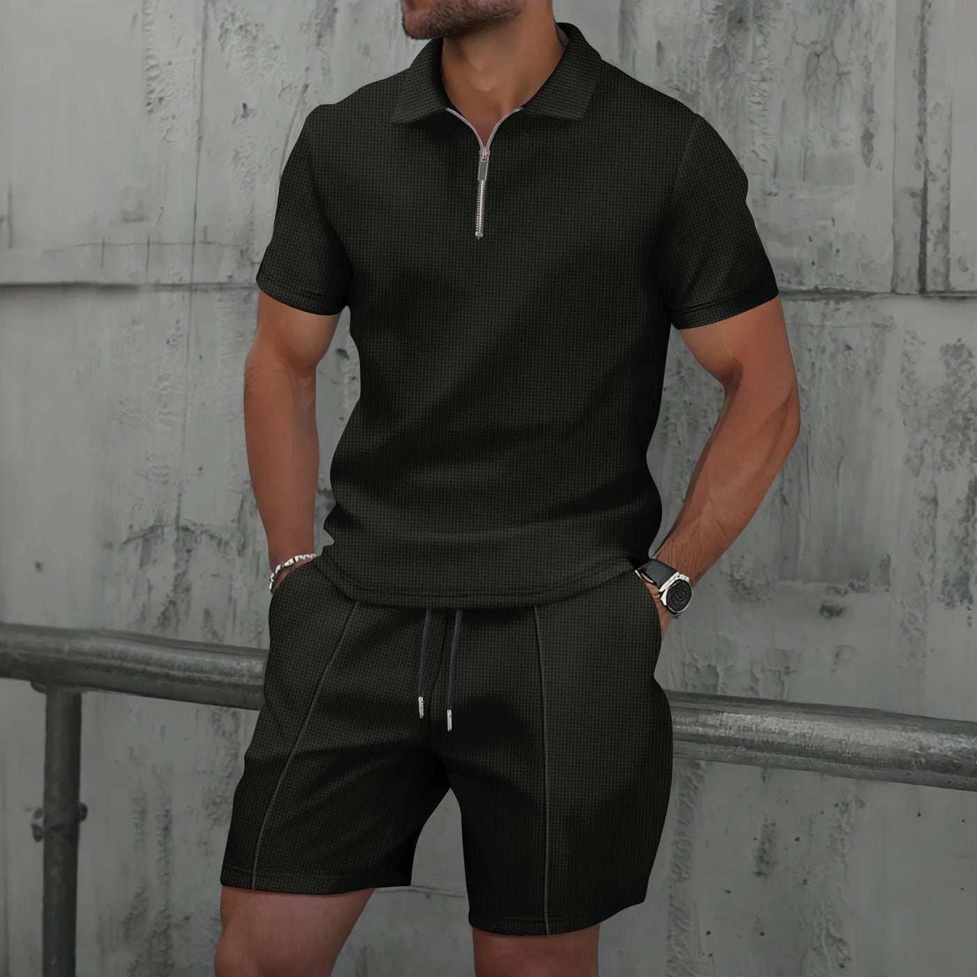 Heren Zomer Set – Korte Mouwen Pak met Rits & Shorts