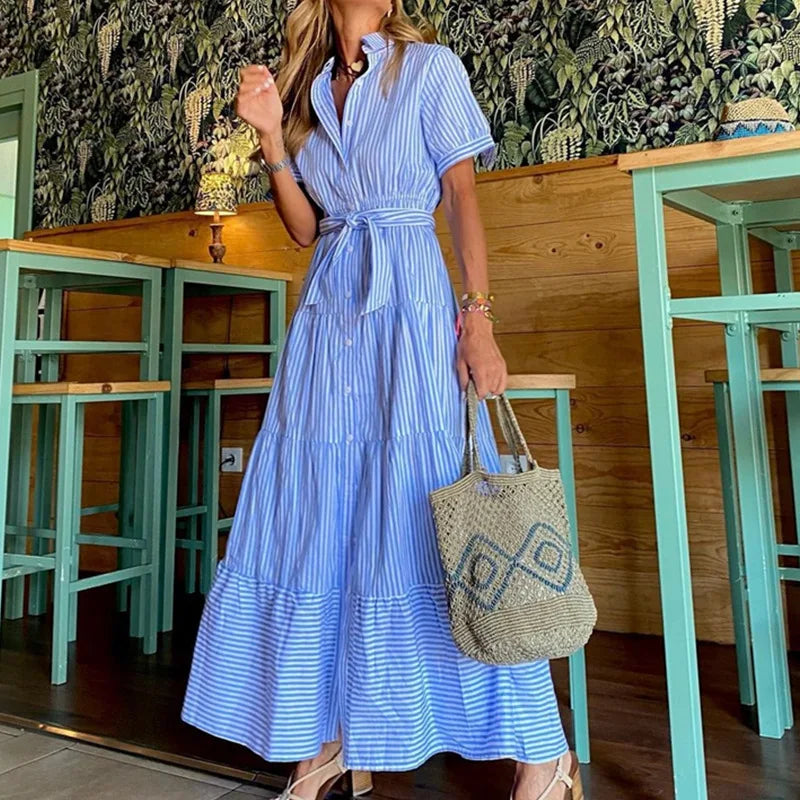 Trendy Gestreepte Maxi-jurk – Korte Mouwen Statement