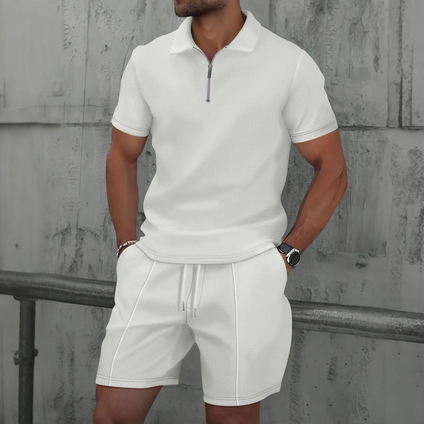 Heren Zomer Set – Korte Mouwen Pak met Rits & Shorts
