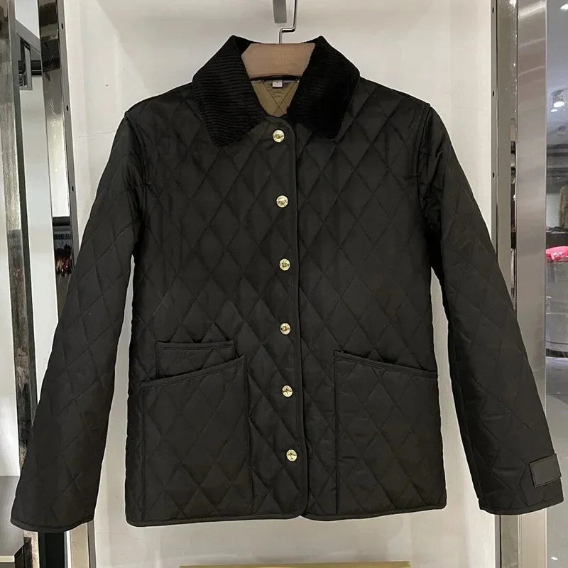 Autumn Winter Puffer Coats 2025 Women's Straight Loose Diamond Cotton Coat Long Sleeve Tops Fashion Pocket Cotton-Padded Jacket