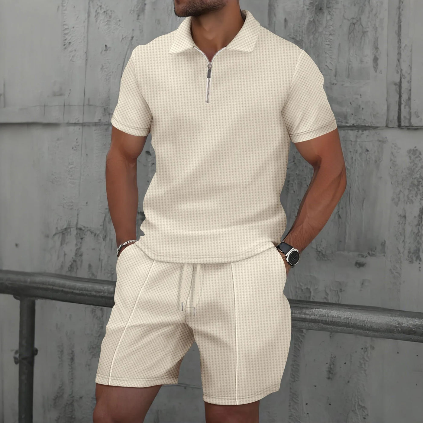 Heren Zomer Set – Korte Mouwen Pak met Rits & Shorts
