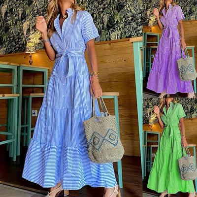 Trendy Gestreepte Maxi-jurk – Korte Mouwen Statement