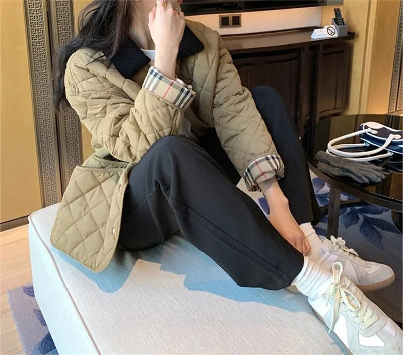 Autumn Winter Puffer Coats 2025 Women's Straight Loose Diamond Cotton Coat Long Sleeve Tops Fashion Pocket Cotton-Padded Jacket