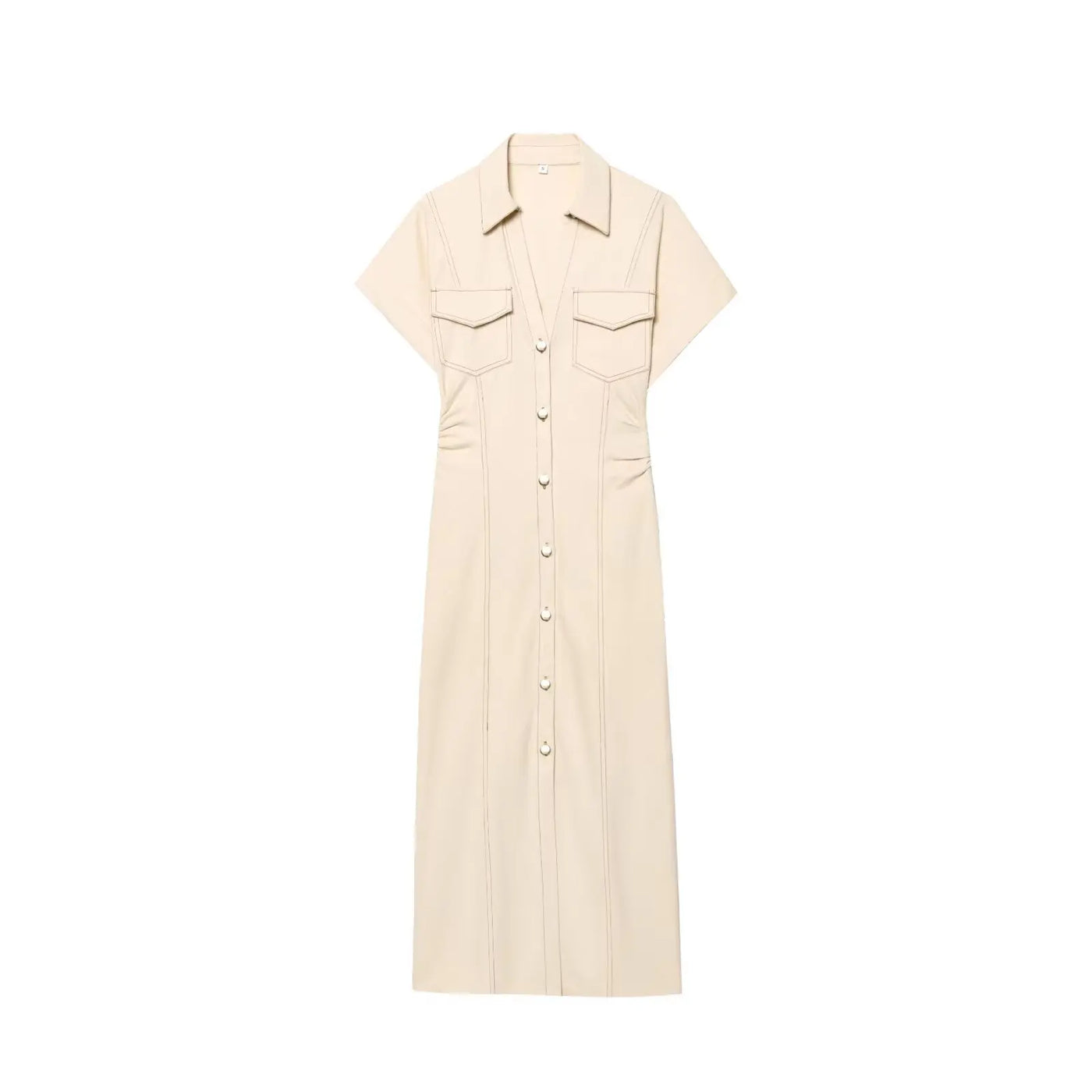 Moderne Jurk met Uitstraling – Geplooide Taille, V-Hals, Midi Lengte