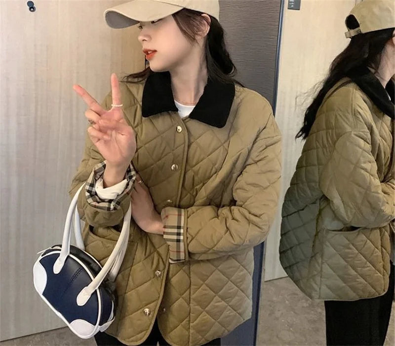 Autumn Winter Puffer Coats 2025 Women's Straight Loose Diamond Cotton Coat Long Sleeve Tops Fashion Pocket Cotton-Padded Jacket
