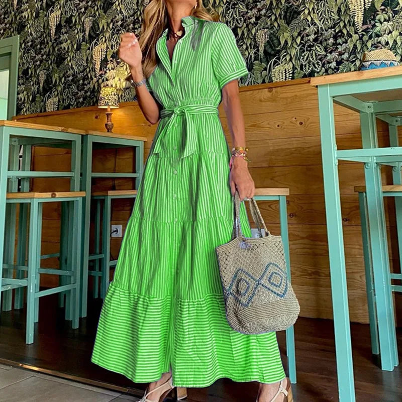 Trendy Gestreepte Maxi-jurk – Korte Mouwen Statement