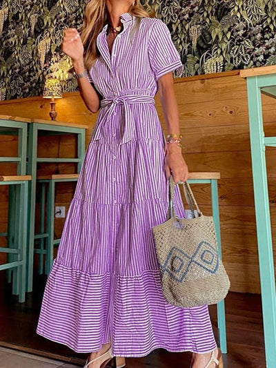 Trendy Gestreepte Maxi-jurk – Korte Mouwen Statement
